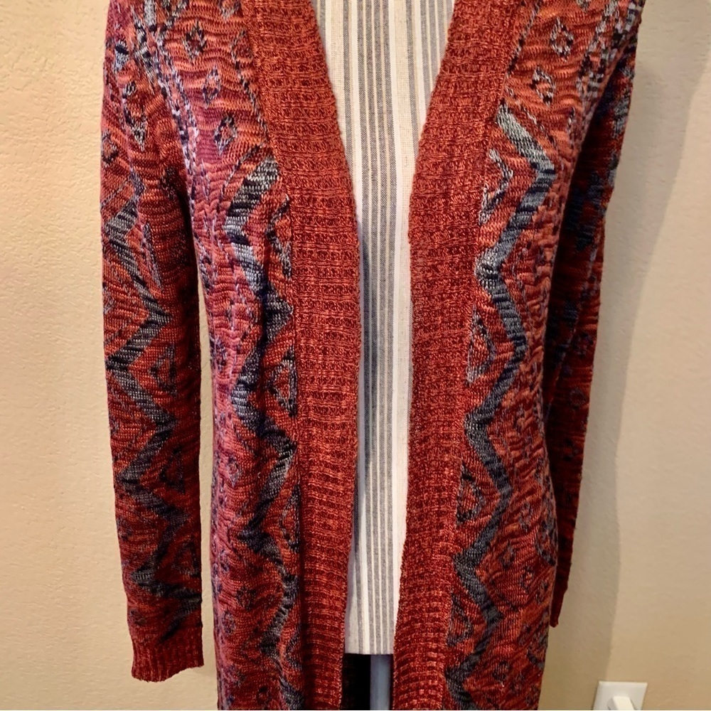 Cato Cardigan Small Open Duster Burgundy Grey Geometric Pattern Ribbed Trim - Picture 3 of 15